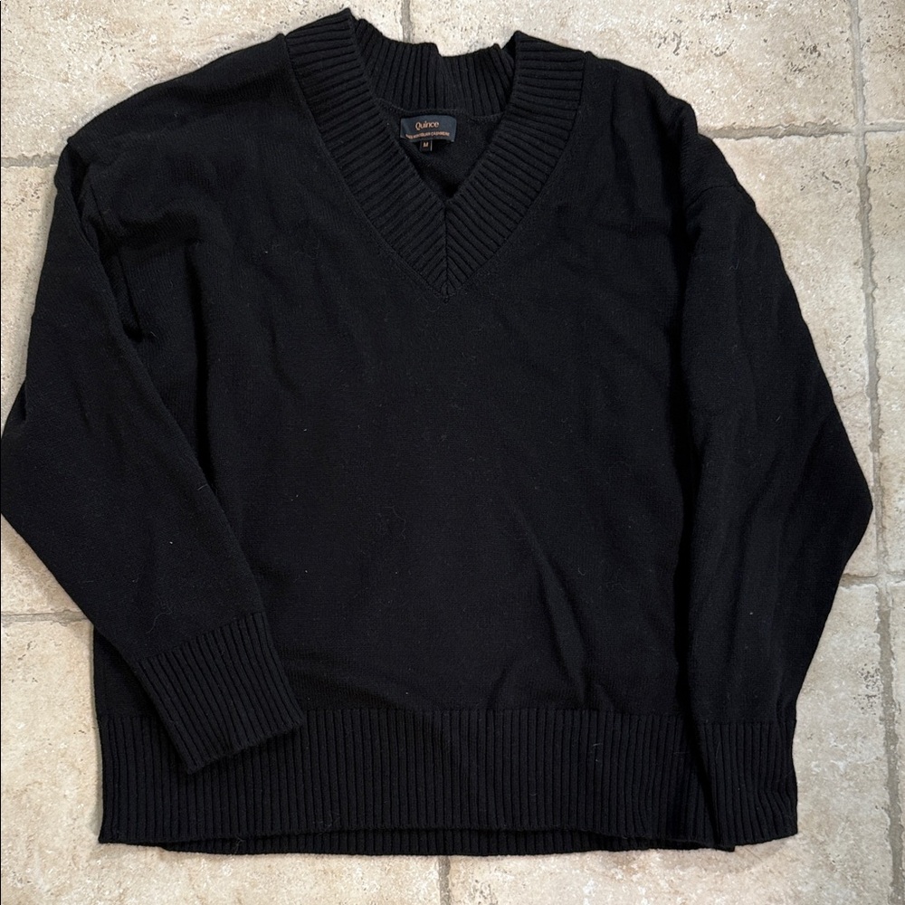 Quince Black V-Neck Sweater with Ribbed Detailing